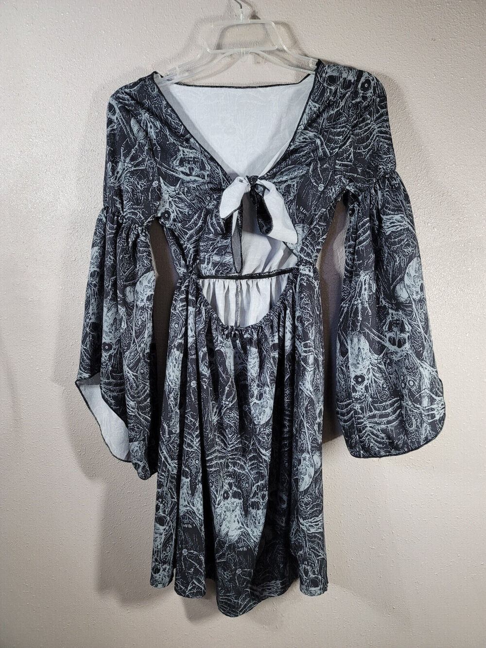 Skull Graphic Bell Sleeve Mini Dress Tie Front Flowy Soft Halloween Goth